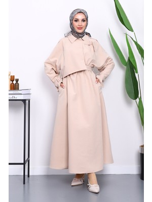 İmaj Butik Bej Bel Lastikli Kemerli Trenç Elbise