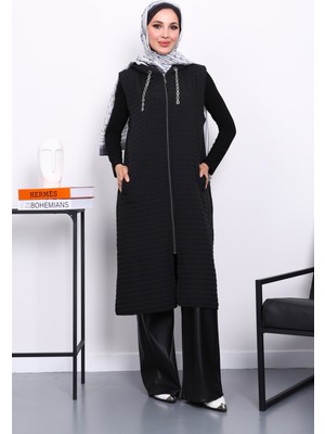 İmaj Butik Siyah Kapitone Fermuarlı Kapşonlu Yelek