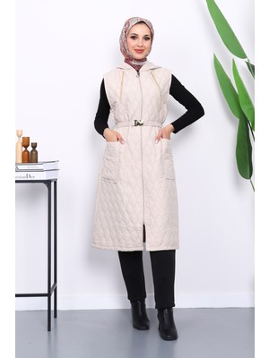 İmaj Butik Taş Kapüşonlu Kemerli Kapitone Yelek