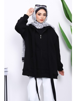 İmaj Butik Siyah Bağcık Detaylı Üç İplik Kapşonlu Hırka