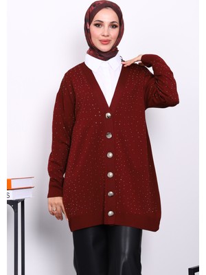 İmaj Butik Bordo Soğuk İplik Taşlı Triko Hırka