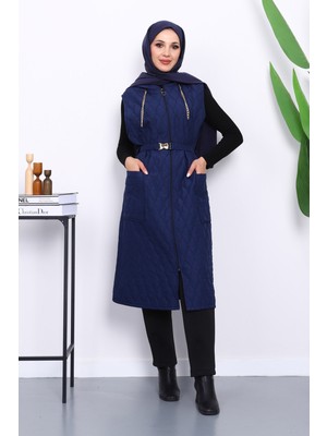 İmaj Butik Lacivert Kapüşonlu Kemerli Kapitone Yelek