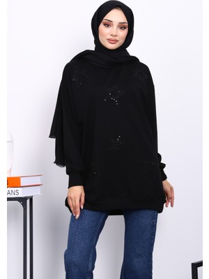 İmaj Butik Siyah Bisiklet Yaka Taşlı Modal Sweatshirt