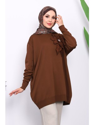 İmaj Butik Kahverengi Soğuk İplik Çiçek Detaylı Triko Tunik