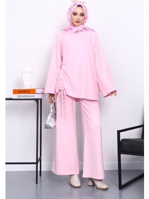 İmaj Butik Pembe Büzgü Detaylı Fitilli Tunik Pantolonlu Takım