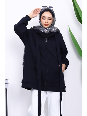 İmaj Butik Lacivert Bağcık Detaylı Üç İplik Kapşonlu Hırka