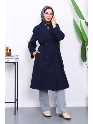 İmaj Butik Lacivert Kravuze Yaka Kuşaklı  Cepli Trençkot