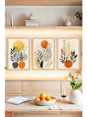 KutuTR 🌿 Turuncu Tonlarda Soyut Bitki ve Vazo Kompozisyonlu 3’lü Tablo Seti Çerçeve Görünümlü🌟 CRVS1158 30 x 40