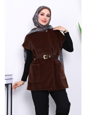 İmaj Butik Kahverengi Cepli Kemerli Kaşe Yelek
