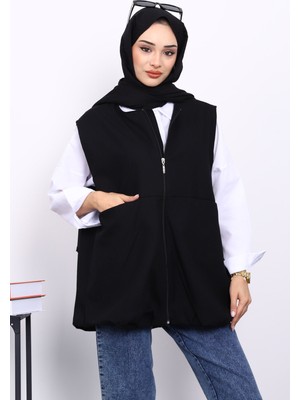 İmaj Butik Siyah Fermuarlı Oversize Astarlı Yelek
