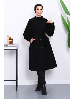 İmaj Butik Siyah Balon Kol Bel Kemerli Kaşe Kaban