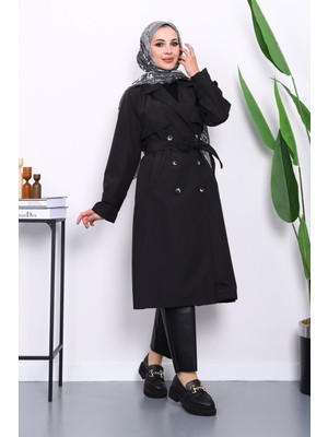 İmaj Butik Siyah Kravuze Yaka Bel Kemerli Düğmeli Trençkot