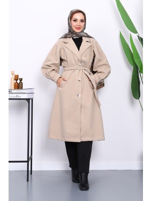 İmaj Butik Vizon Balon Kol Kaşe Kaban Kadın Bel Kemerli Polyester Malzeme ile Şık Tasarım