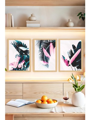 KutuTR 🌴 Pembe Tropikal Yapraklar Temalı Çerçeve Görünümlü 3'lü Tablo Seti🌟 CRVS1145 13 x 17