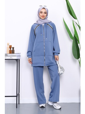 İmaj Butik İndigo Fermuarlı Tunik Pantolonlu Modal Takım