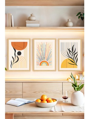 KutuTR 🌈 Modern Soyut Güneş ve Bitki Temalı 3’lü Çerçeve Görünümlü Tablo Seti 🌿🖼️🌟 CRVS1163 30 x 40