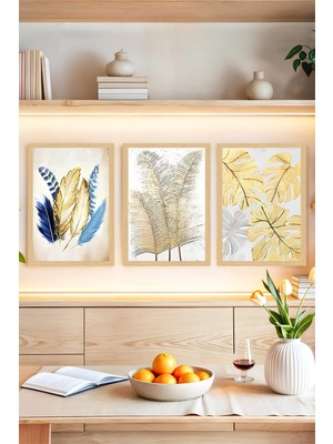 KutuTR 🌿 Altın ve Mavi Tüy – Tropikal Bitki Temalı 3'lü Çerçeve Görünümlü Tablo Seti 🌿🌟 CRVS1172 30 x 40