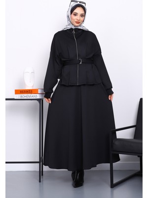 İmaj Butik Siyah Bel Detaylı Ceket Etekli Scuba Takım