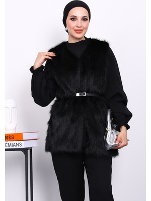 İmaj Butik Siyah Kemerli Astarlı Kürk Yelek