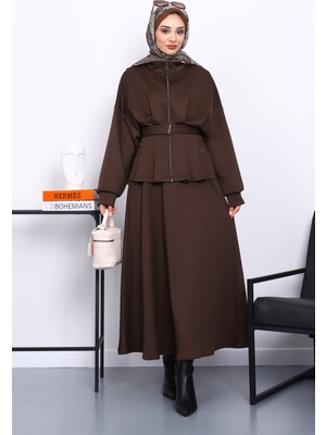İmaj Butik Kahverengi Bel Detaylı Ceket Etekli Scuba Takım
