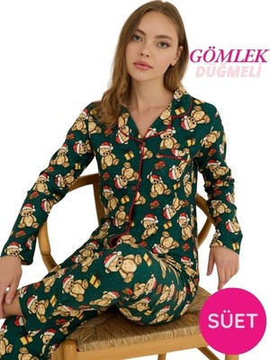 Bie's Kadın Yeşil Gömlek Yaka Önden Düğmeli Saten Biyeli Göğüs Cepli İnce Süet Kışlık Uzun Kol Pijama Takımı