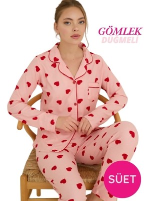 Bie's Kadın Pembe Gömlek Yaka Önden Düğmeli Saten Biyeli Göğüs Cepli İnce Süet Kışlık Uzun Kol Pijama Takımı