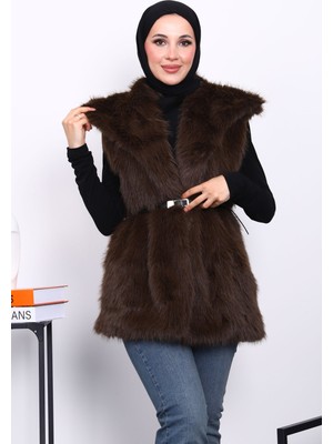 İmaj Butik Kahverengi Astarlı Kemerli Kürk Yelek