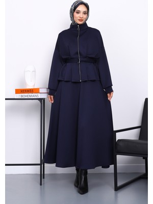 İmaj Butik Lacivert Bel Detaylı Ceket Etekli Scuba Takım