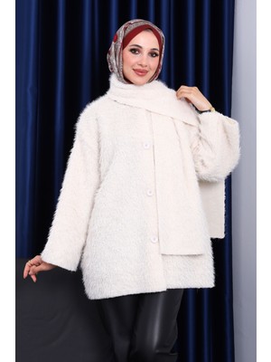 İmaj Butik Ekru Kayık Yaka Atkılı Ceket
