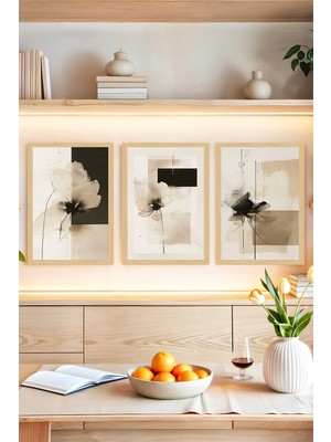 KutuTR 🌿 Siyah Beyaz Modern Çiçek Desenli Çerçeve Görünümlü 3'lü Tablo Seti 🌟 CRVS1173 30 x 40