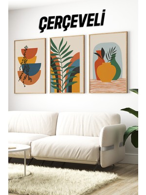 KutuTR 🌿 Renkli Vazo ve Bitki Kompozisyonlu 3’lü Ahşap Çerçeveli Tablo Seti 🌿 CRV1178 23 x 32