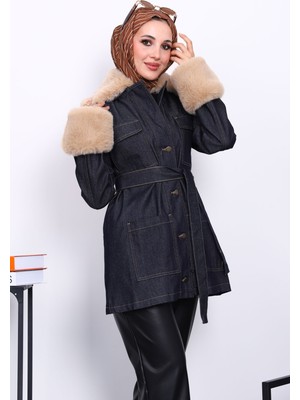 İmaj Butik Lacivert Yaka Kol Peluş Kot Ceket