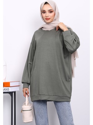 İmaj Butik Haki Kapşonlu Çift Cepli Sweat