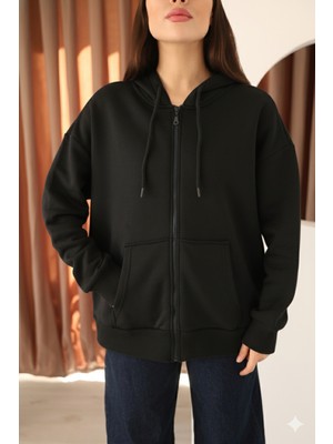 Moviment Siyah Oversize Içi Polar ve Fermuar Detaylı Kapüşonlu Kadın Sweatshirt