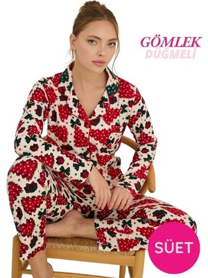 Bie's Kadın Ekru Gömlek Yaka Önden Düğmeli Desenli Göğüs Cepli İnce Süet Kışlık Uzun Kol Pijama Takımı