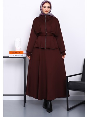 İmaj Butik Bordo Bel Detaylı Ceket Etekli Scuba Takım