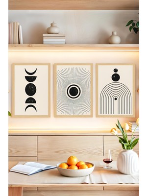 KutuTR 🌙 Güneş, Ay ve Geometrik Enerji Temalı 3’lü Çerçeve Görünümlü Tablo Seti🌟 CRVS1161 30 x 40