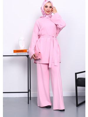 İmaj Butik Pembe Bisiklet Yaka Yan Yırtmaçlı Takım