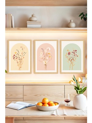 KutuTR 🌸 Pastel Renkli Çiçek Desenli 3’lü Çerçeve Görünümlü Tablo Seti 🌸 CRVS1162 30 x 40