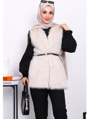 İmaj Butik Taş Kemerli Astarlı Kürk Yelek