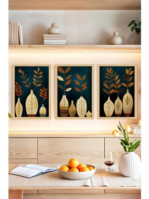 KutuTR 🌿 Altın Detaylı Vazo ve Bitki Temalı 3'lü Çerçeve Görünümlü Tablo Seti 🌿 CRVS1181 30 x 40