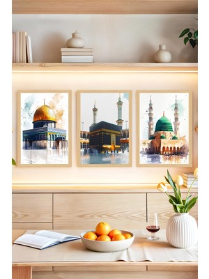 KutuTR 🕌 Kutsal Mekânlar Temalı 3’lü Tablo – Çerçeve Görünümlü Uv Baskı – Şık Dekor🌟 CRVS1182 30 x 40