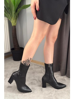 Preshley Kadın Volga Siyah Fermuarlı 8 cm Kalın Topuklu Strec Bot