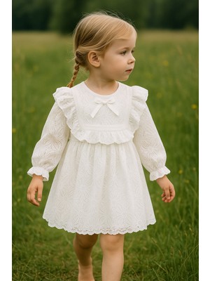 2kids2mom Kız Bebek Çocuk Uzun Kollu Dantelli Fiyonklu Fırfırlı Parti Düğün Doğum Günü Bayramlık Elbise