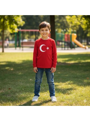 Unisex Çocuk Kırmızı Ay Yıldız Türk Bayraklı Uzun Kollu T-Shirt