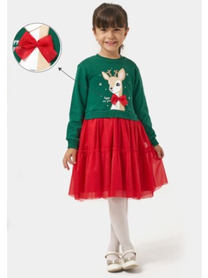 Name Baby & Kids Kız Çocuk Happy New Year Geyik Baskılı Yeniyıl Elbisesi NBK-24916