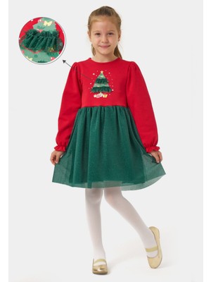 Name Baby & Kids Kız Çocuk Simli Tüllü Ağaçlı Yılbaşı Elbisesi NBK-24906