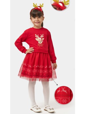 Name Baby & Kids Kız Çocuk Oh Deer Tüllü Baskılı Yılbaşı Elbisesi NBK-24909