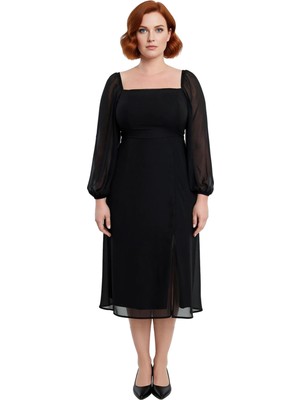 Ersefa Kadın Büyük Beden Kare Yaka Uzun Balon Kollu A Kesim Midi Şifon Elbise Özel Günler Için Kaliteli