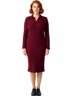 Ersefa Kadın Uzun Kollu Fitilli Polo Yaka Bodycon Triko Elbise Midi Boy Soğuk Havalar Için Ideal Kaliteli